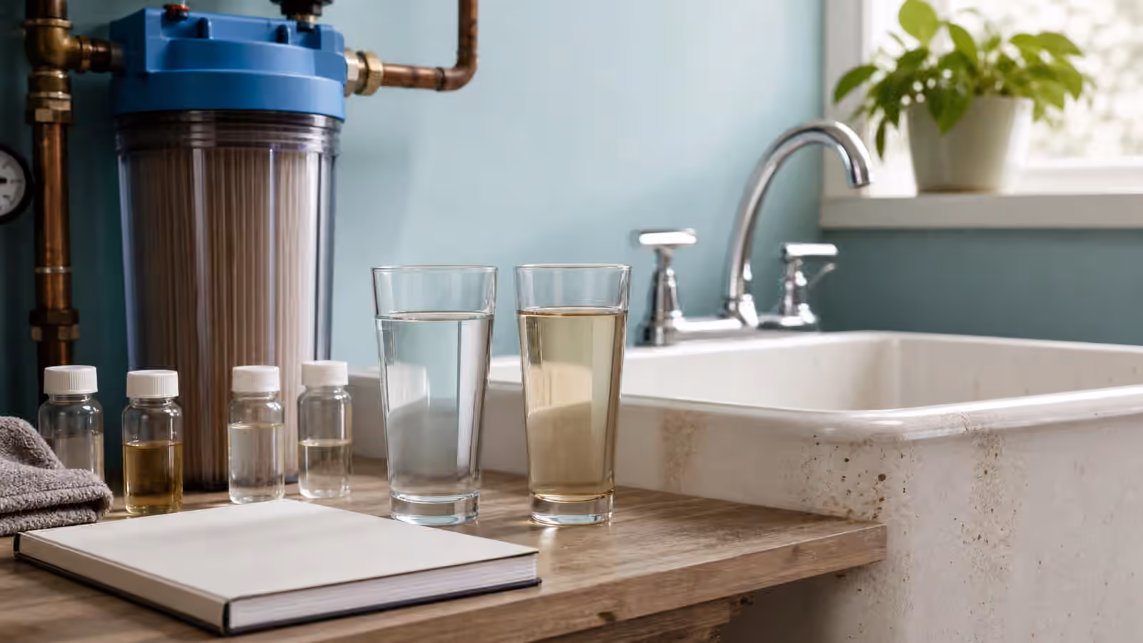 Two glasses of water beside sample bottles, a sediment filter housing, and a utility sink with light staining.