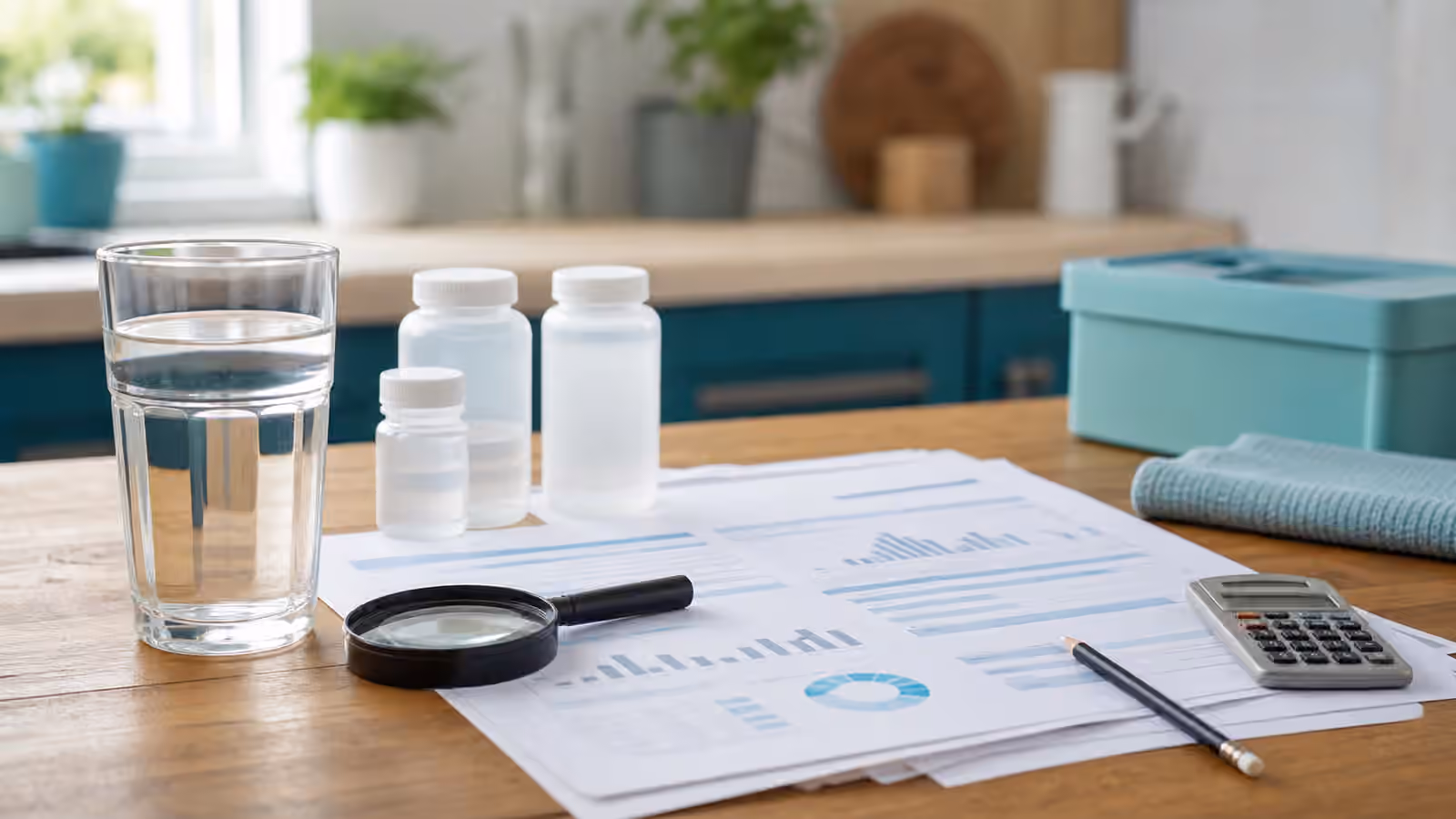 A water testing desk with sample bottles, a glass of water, a magnifier, and blank lab report pages.