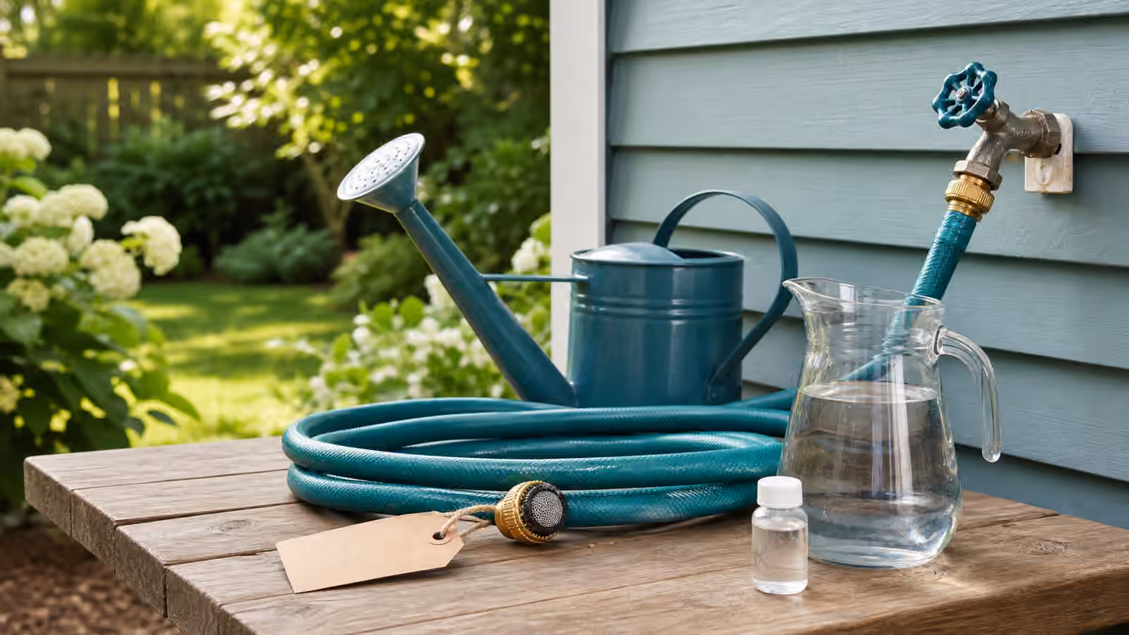 An outdoor faucet with a coiled garden hose, watering can, clear pitcher, and sample bottle.