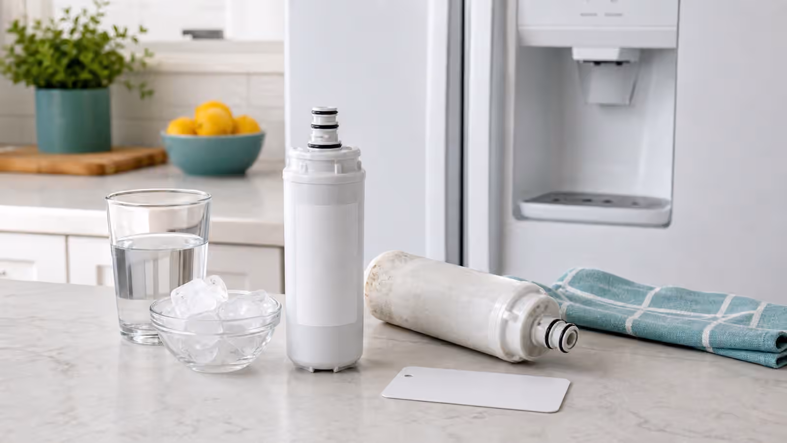 A refrigerator filter cartridge, used cartridge, glass of water, bowl of ice, and blank maintenance tag on a kitchen counter.