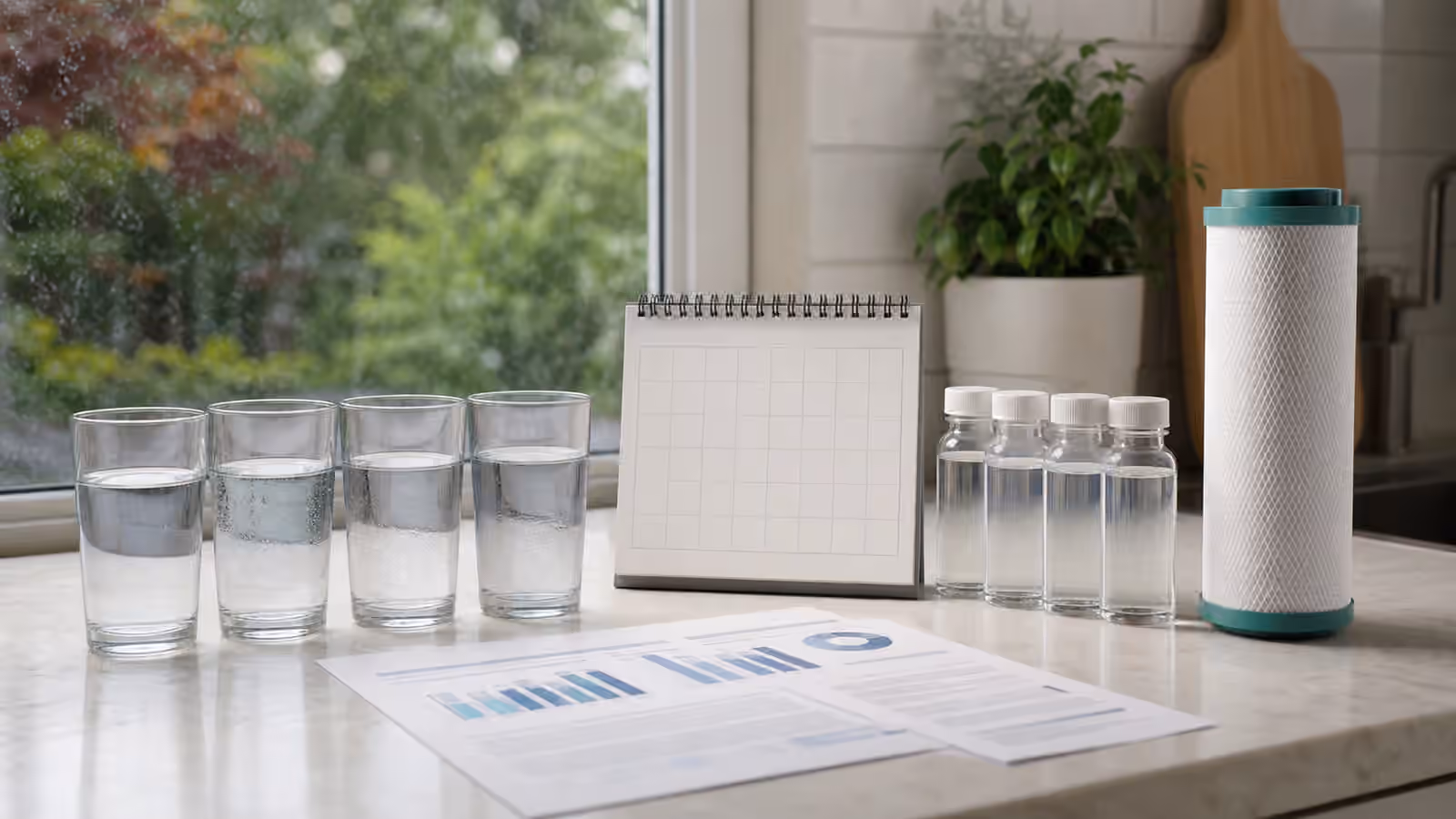 Water glasses, sample bottles, a blank calendar, and a water report on a bright kitchen counter.
