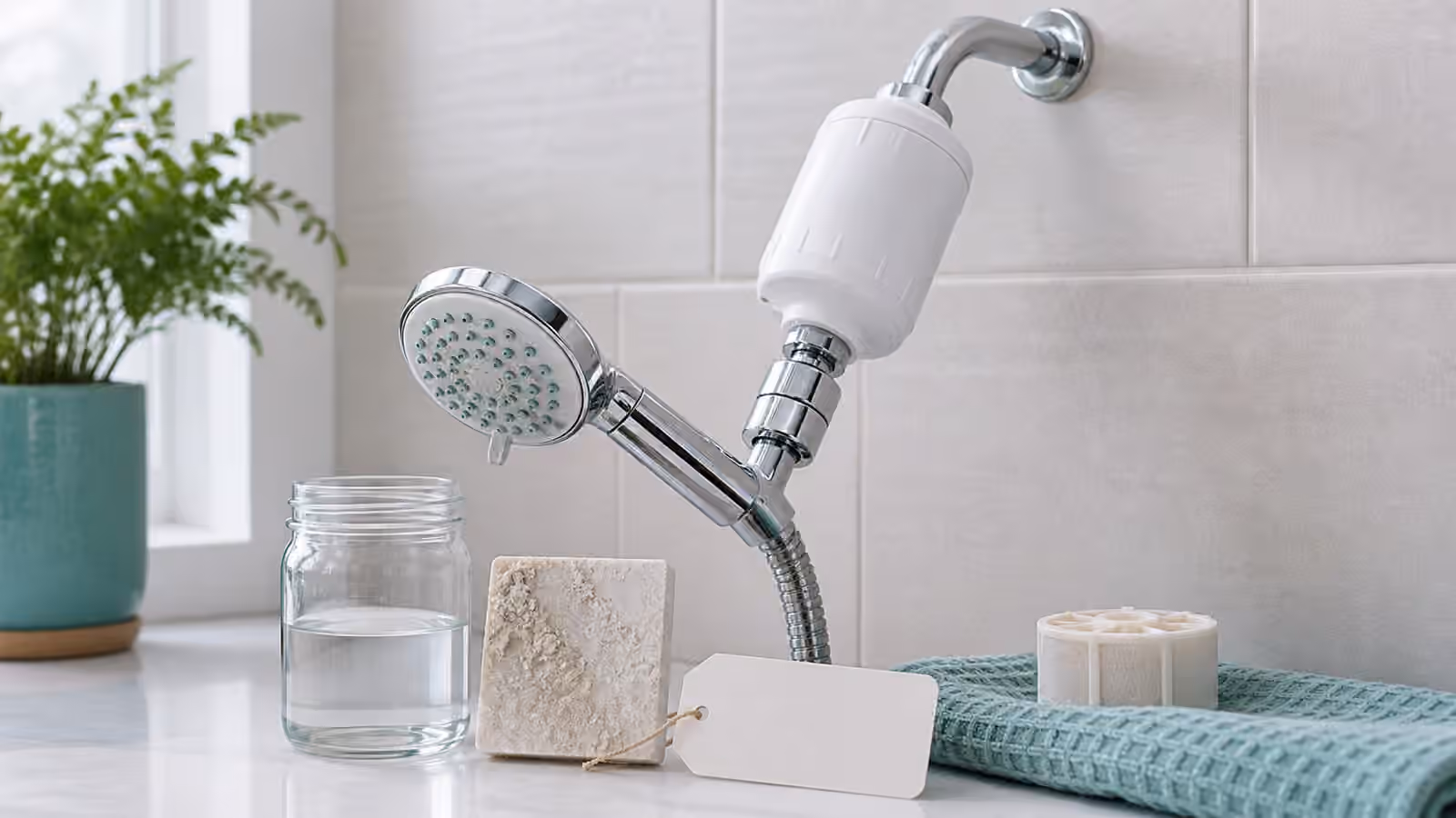 A shower filter cartridge, chrome shower head, glass jar of water, scale tile, and blank maintenance tag in a bright bathroom.
