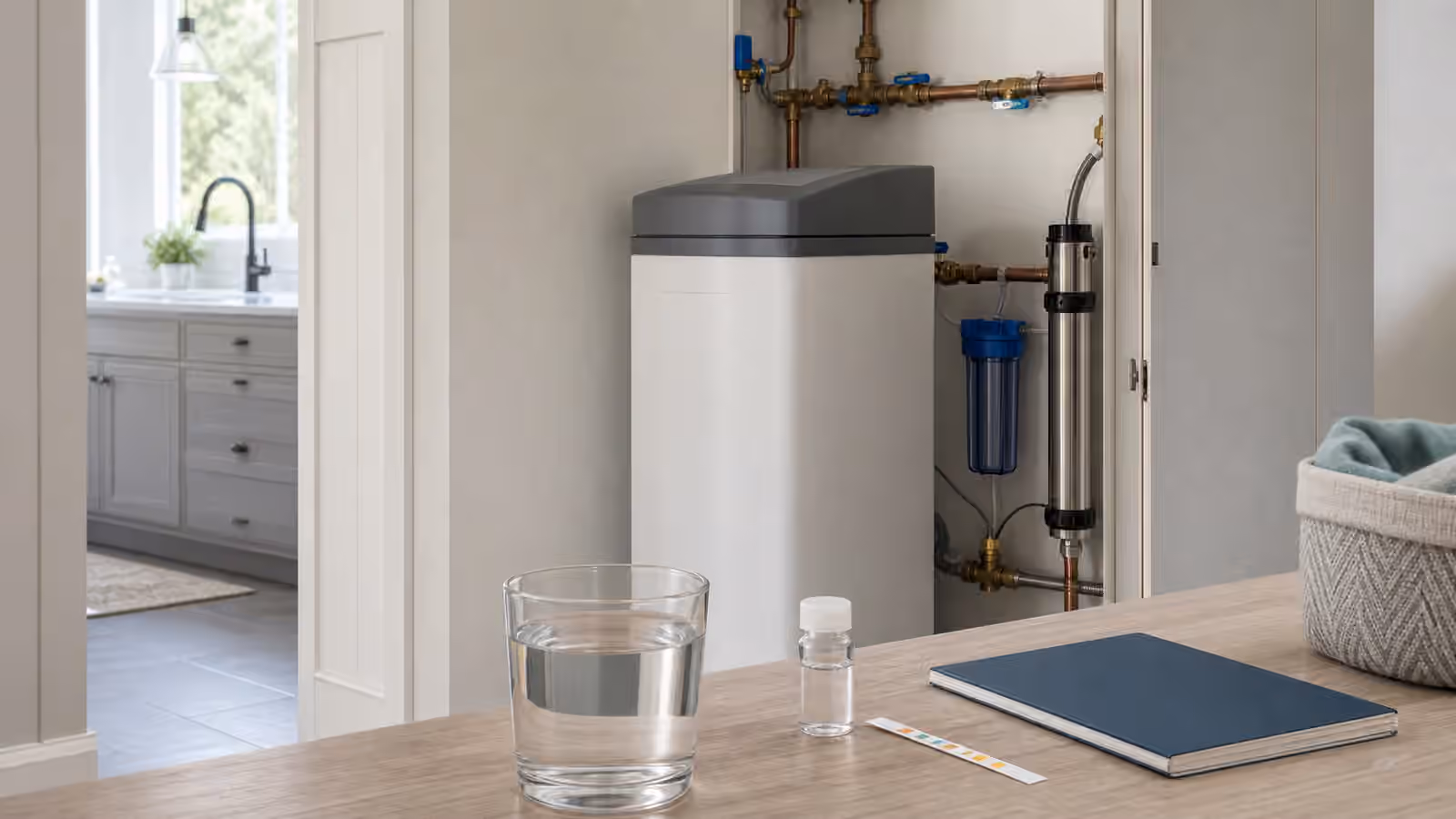 A home water softener setup with plumbing valves, a clear water glass, sample bottle, and testing materials in a clean utility space.