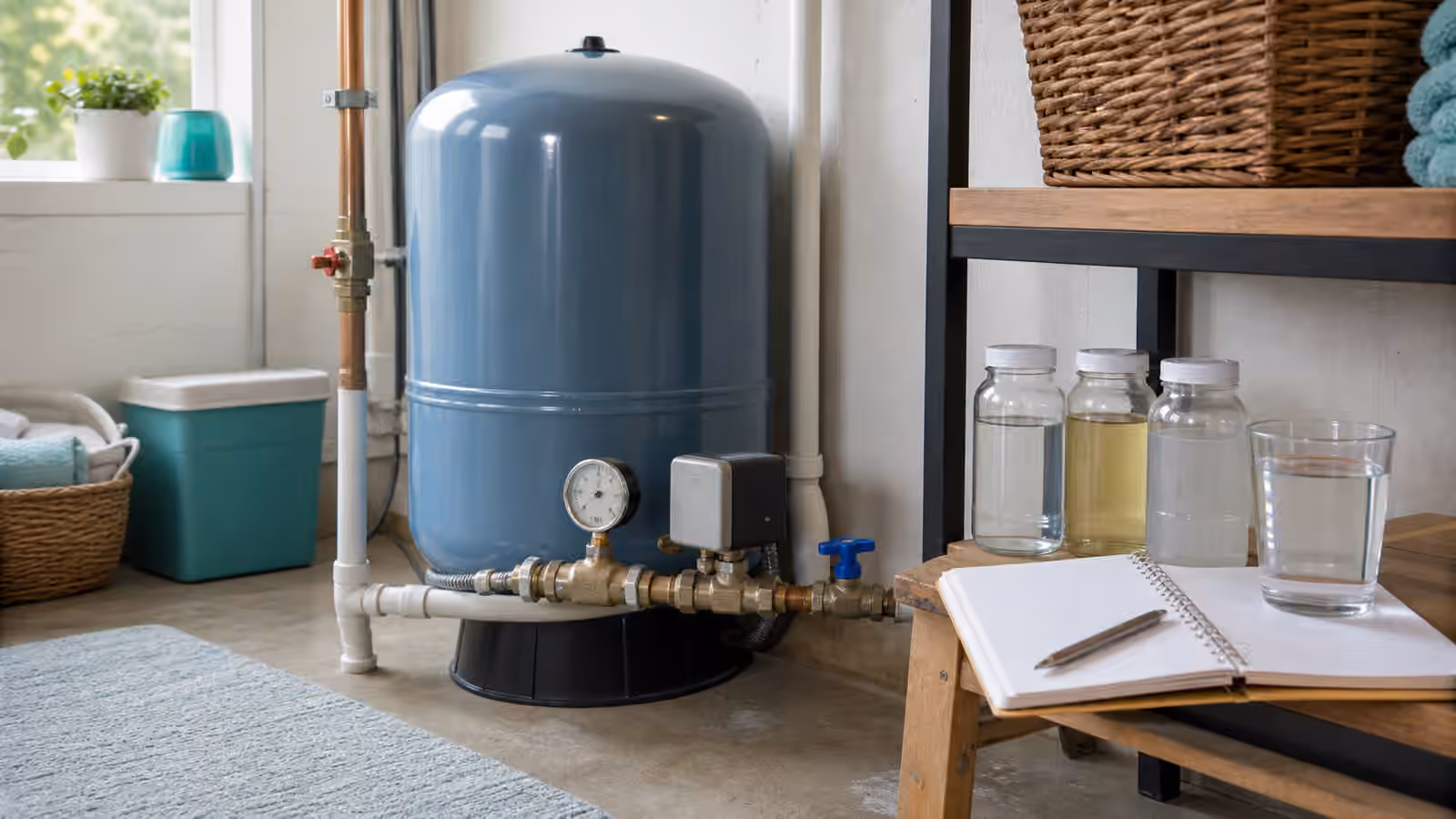 A tidy utility room with a pressure tank, pipes, sample jars, a notebook, and a clear glass of water.