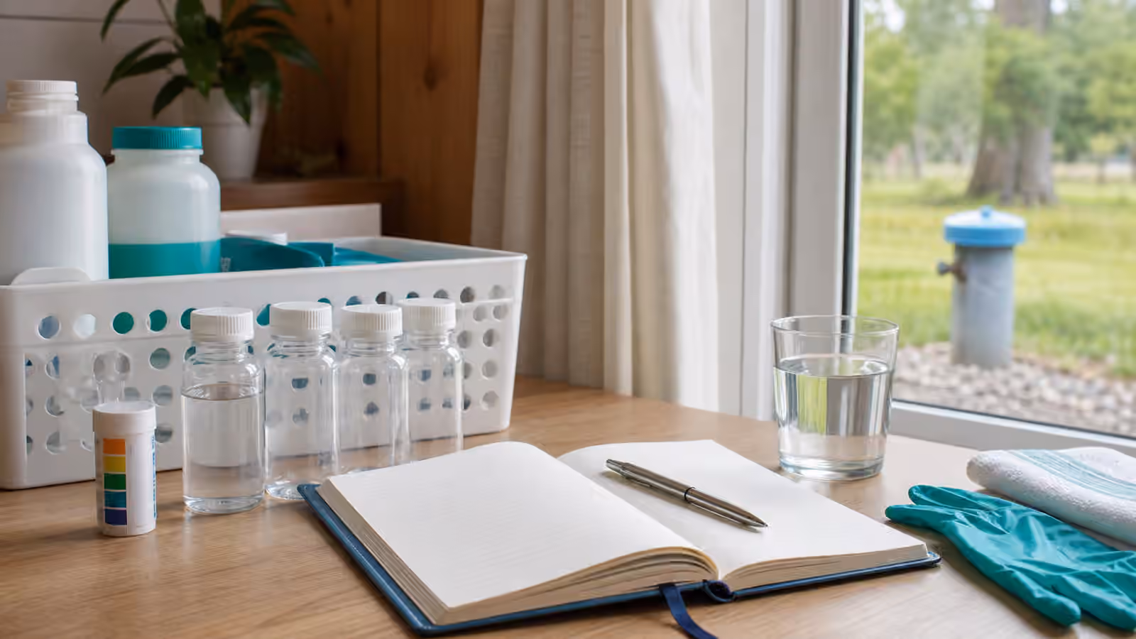 A utility table with sample bottles, a blank notebook, pH strips, and a rural well outside a window.