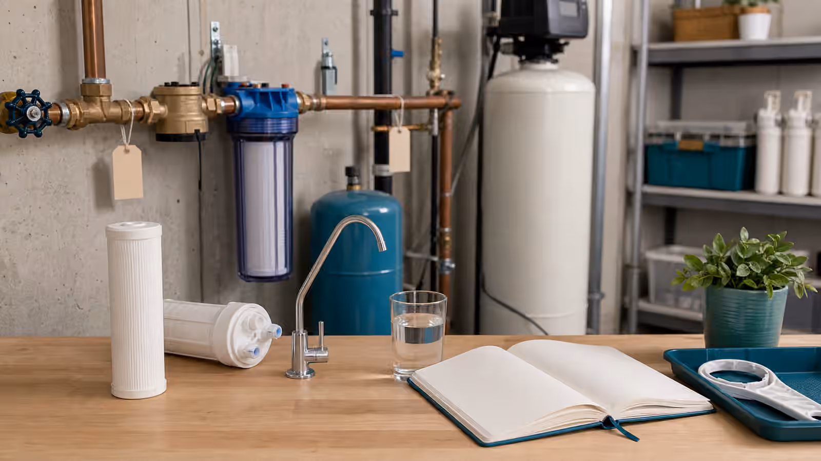A utility room water line with sediment housing, drinking-water faucet sample, cartridges, blank tags, notebook, and glass of water.