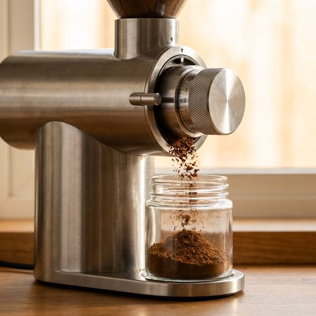 A quality burr coffee grinder with steel burrs and adjustment ring, fresh ground coffee falling into the glass container, warm kitchen lighting, clean modern aesthetic