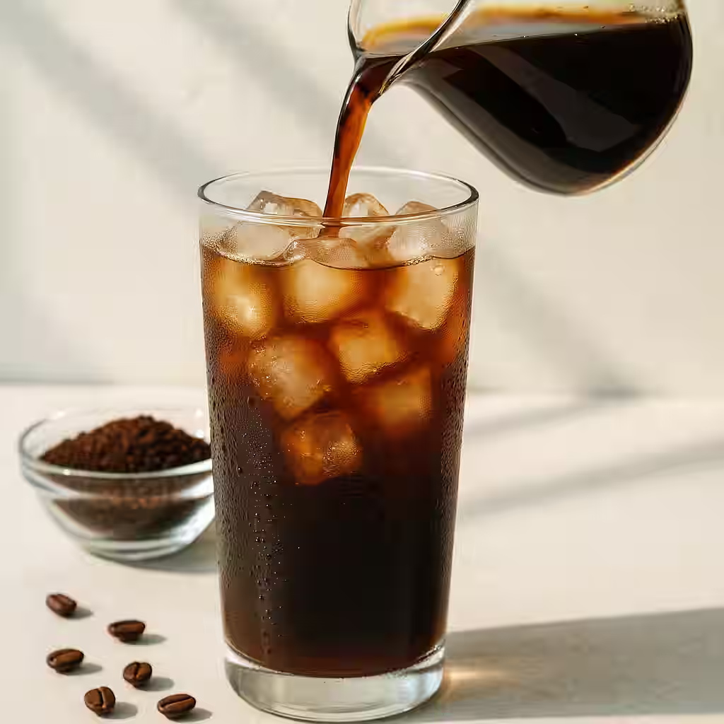A tall glass of cold brew coffee with ice cubes, condensation on the glass, coffee concentrate being poured from a glass carafe, coarse ground coffee beans visible in the background, summery bright lighting