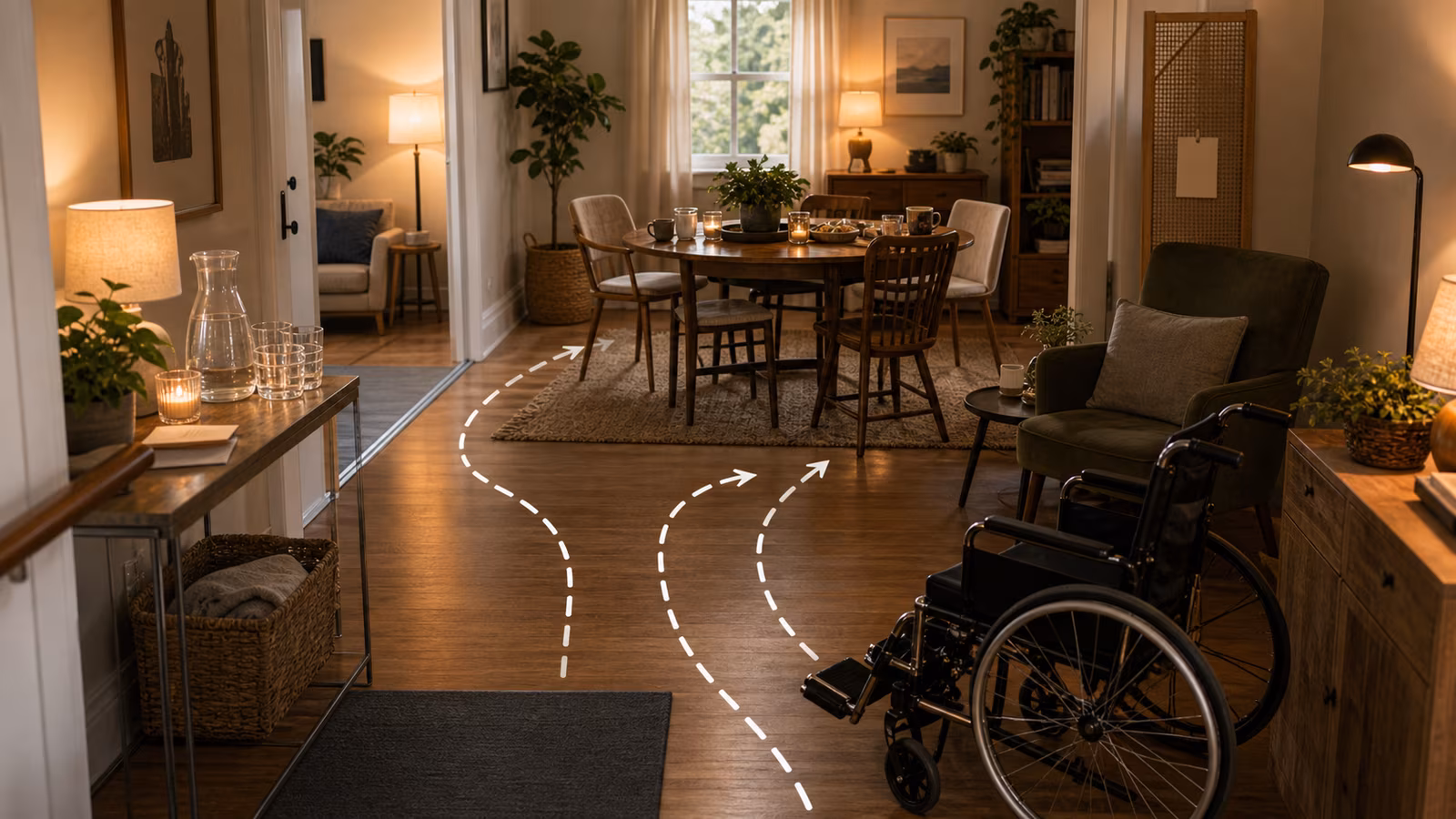 an accessible small gathering room with clear paths, varied chairs, quiet corner, water, snacks, and warm inclusive design