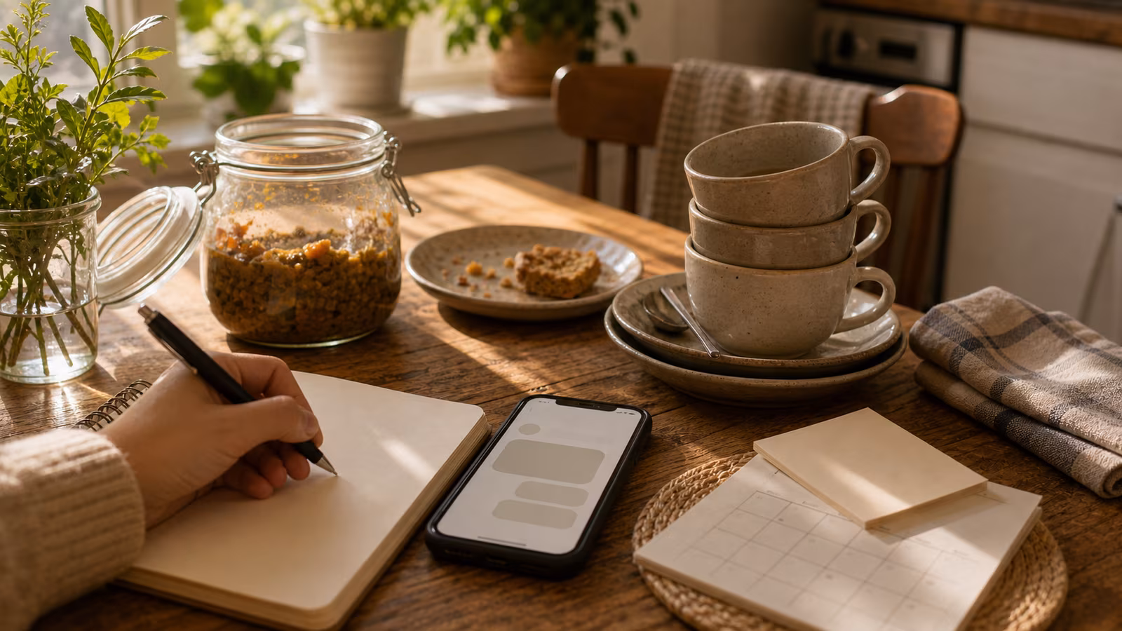 a morning-after kitchen table with stacked cups, sunlight, a phone draft, leftover jar, and a small calendar note