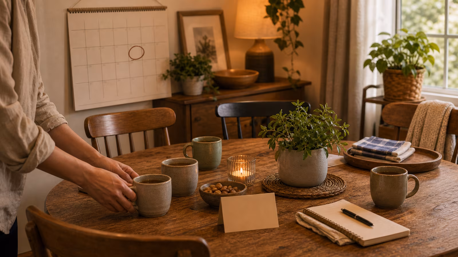a recurring calendar with one date circled, empty and full chairs, warm cups, and a host note that feels welcoming