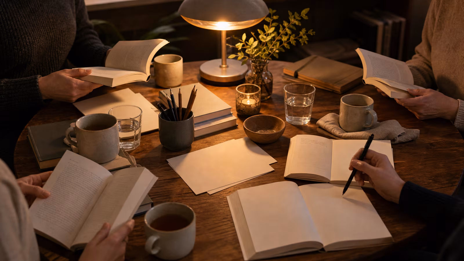 a small table with open books, printed blank pages without readable text, tea cups, pencils, and a quiet reading lamp