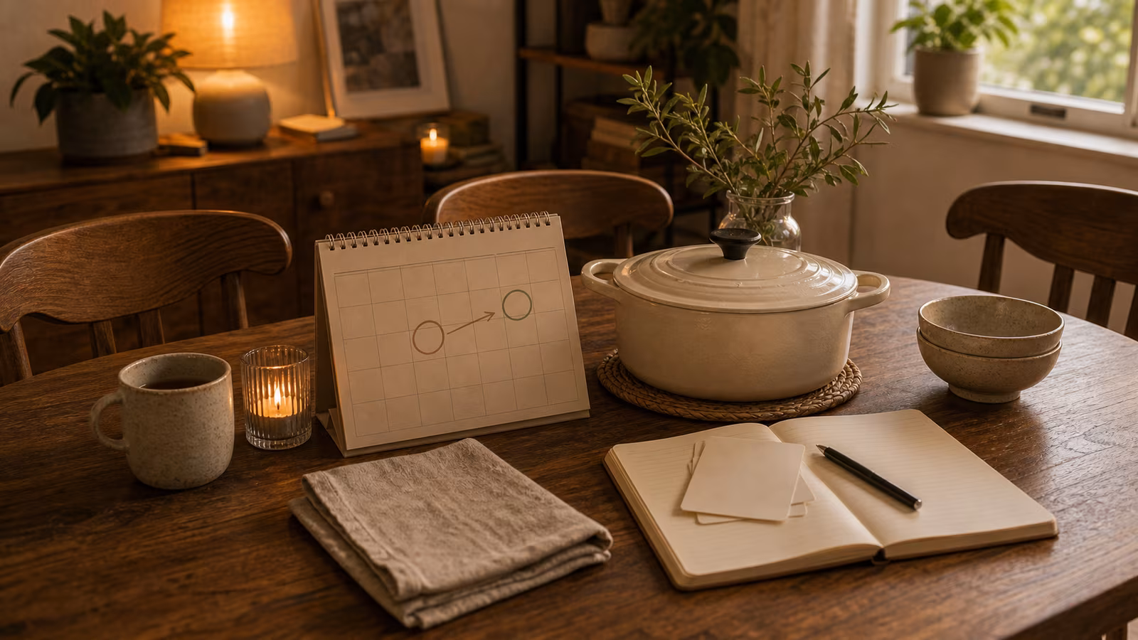 a quiet table with chairs tucked in, a calendar page showing a moved date, covered soup pot, and warm but paused atmosphere