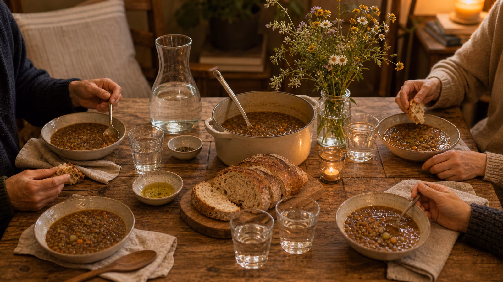 a low-cost but beautiful table with lentil soup, bread, tap water in a carafe, cloth napkins, and wildflowers in a jar