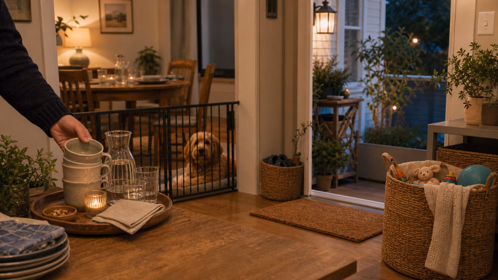 a family-aware gathering room with a pet gate, toy basket tucked aside, neighborly porch light, and a small table setup