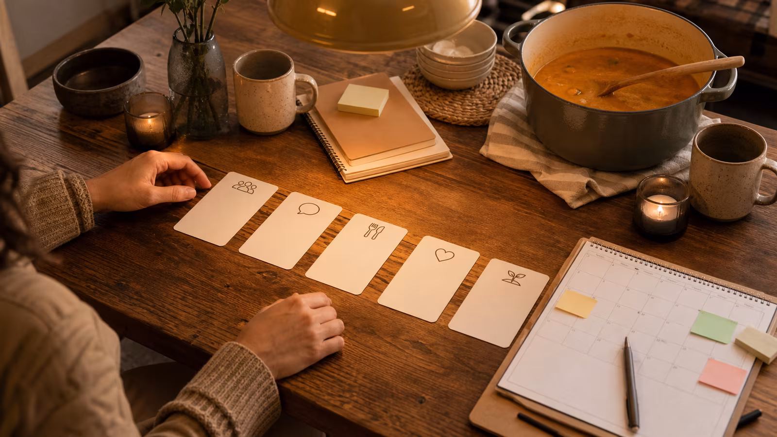 a planning table with five simple gathering format cards, mugs, a calendar, a soup pot, and warm overhead light