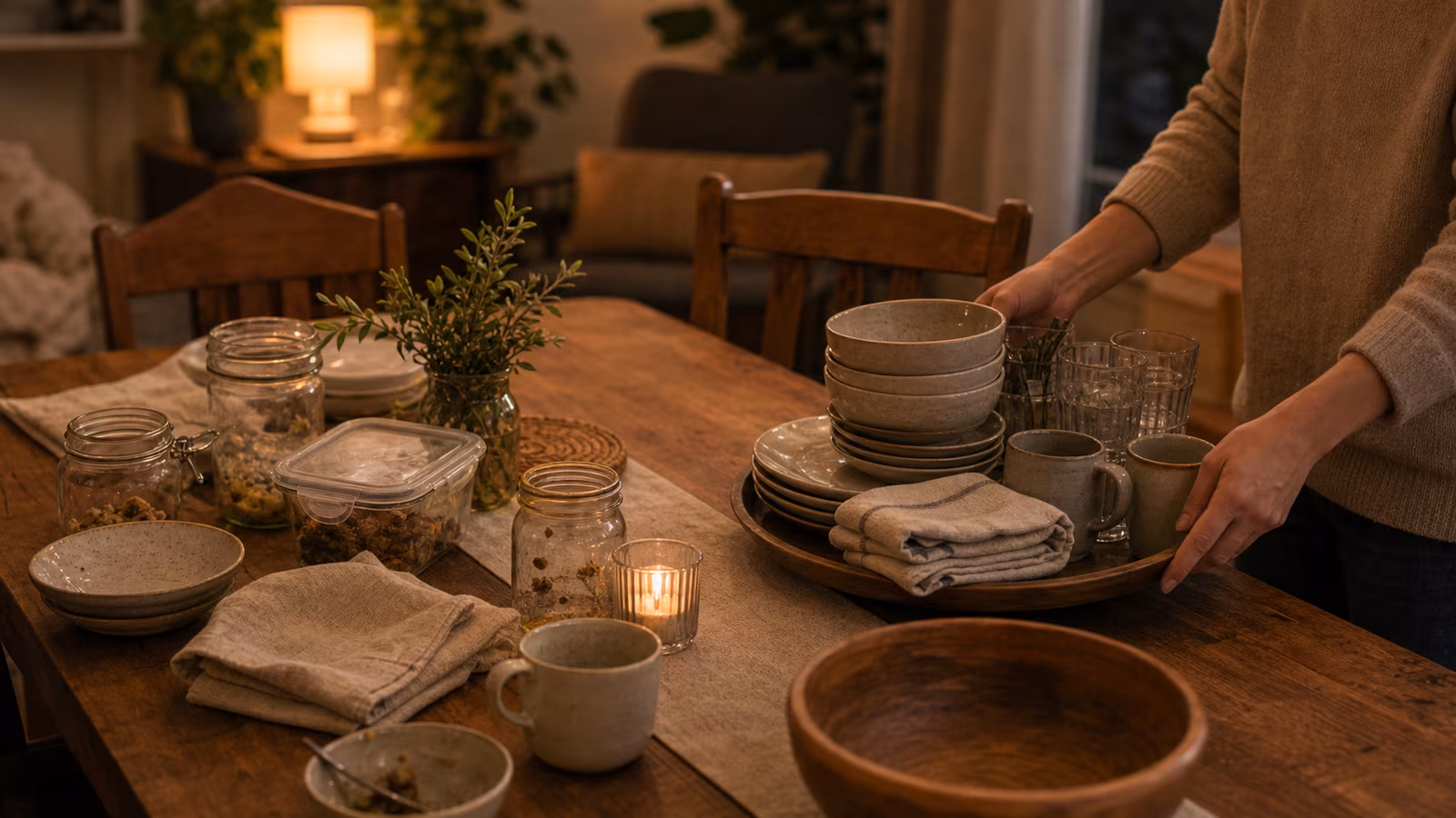 a closing table scene with dishes stacked on one tray, leftover jars, clean cloth, tea cups, and chairs slightly pulled back