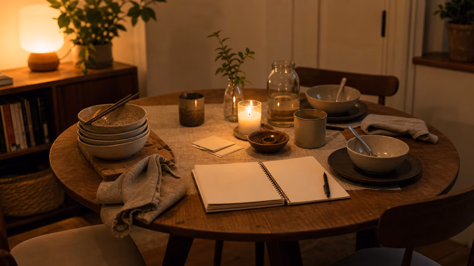 a small table after dinner with stacked bowls, a candle nearly out, a host notebook open to next date, and warm low light