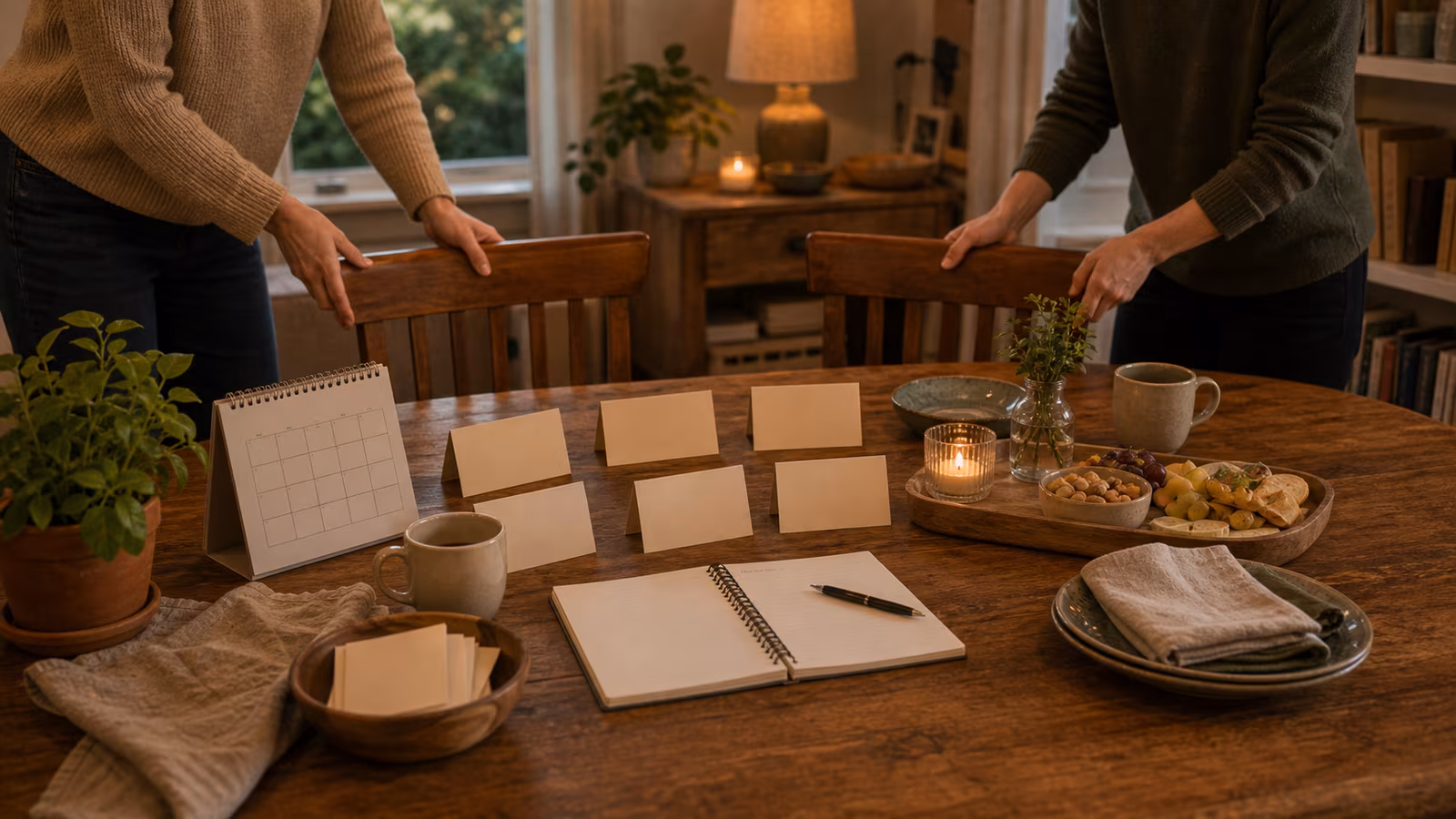 a co-host planning table with small role cards, mugs, calendar, snack tray, and two people setting chairs together