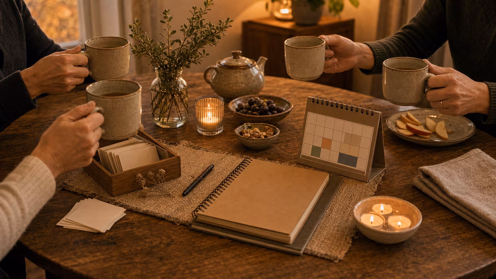 a final or evolving table scene with a shared notebook closing, cups raised gently, calendar with new season, and warm bittersweet light