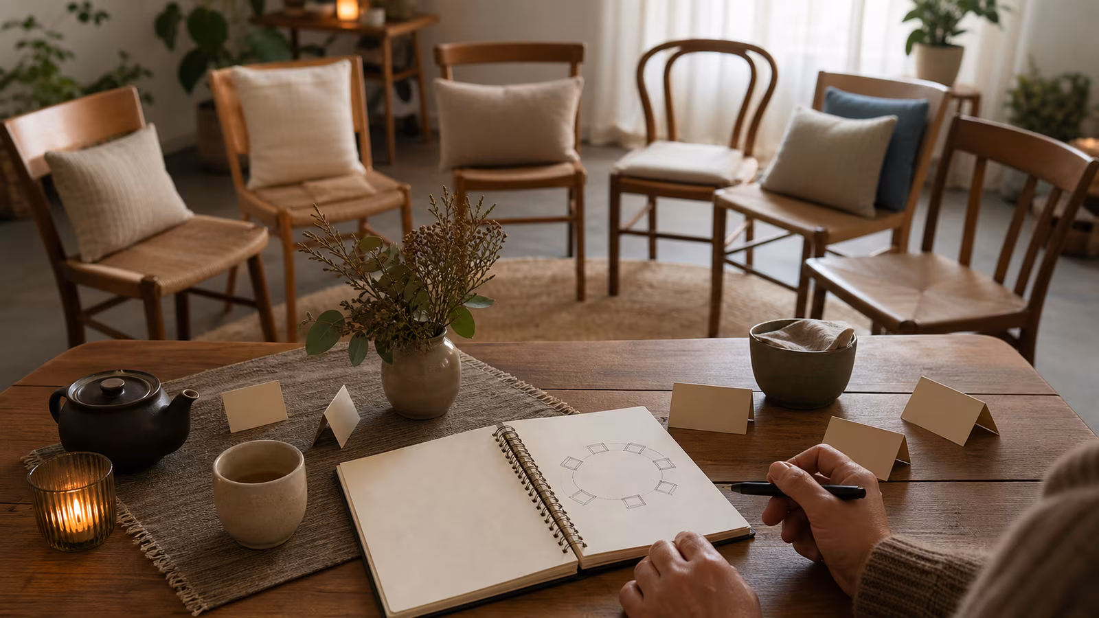 a calm host notebook with gentle seating sketch, simple names as abstract cards, tea cups, and chairs arranged in a circle