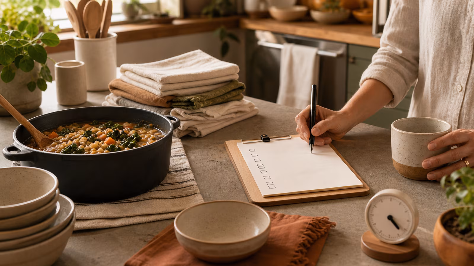 a kitchen counter with a simple host energy checklist, one pot meal, clean mugs, folded towels, and a visible clock