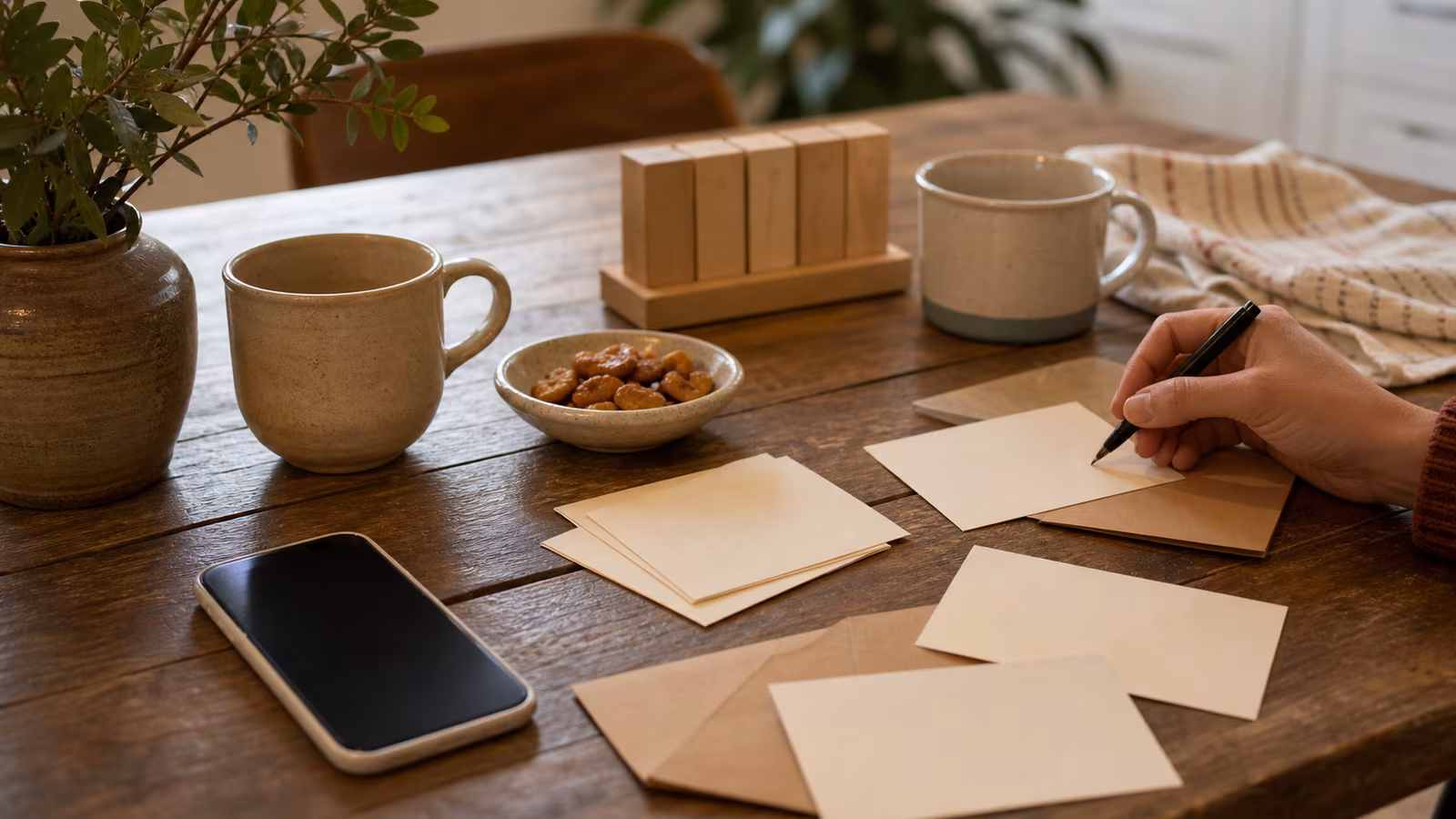 a phone on a kitchen table beside handwritten invitation cards, mugs, a calendar block, and a small bowl of snacks