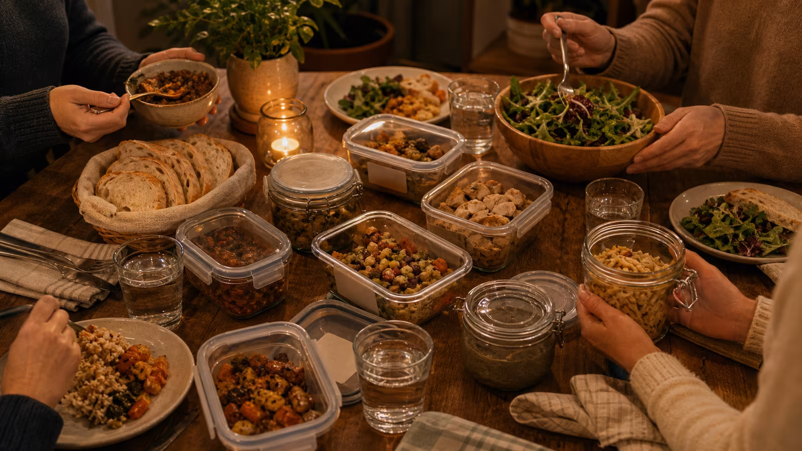 a cheerful leftovers table with labeled but unreadable containers, fresh bread, salad bowl, water glasses, and reusable take-home jars