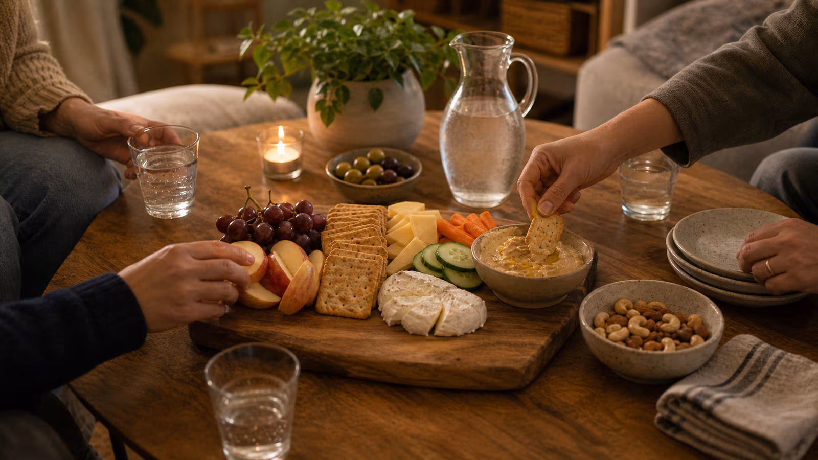a modest snack board with fruit, crackers, cheese, hummus, nuts in a separate bowl, water carafe, and small plates