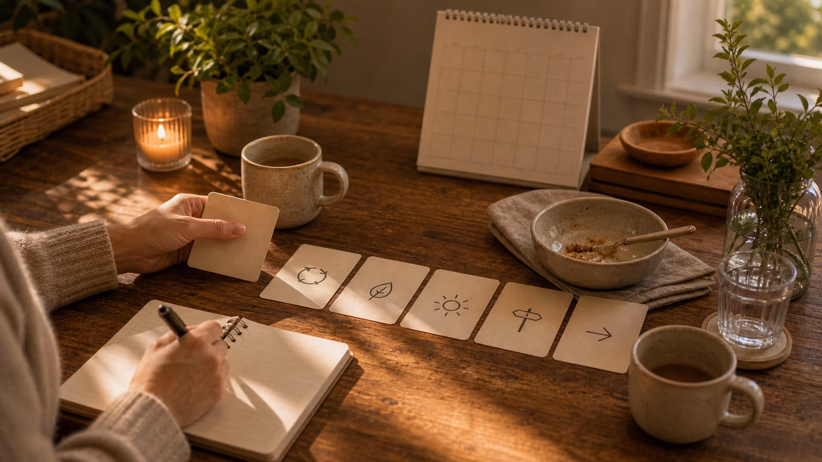 a host reviewing a simple five-card table check with mugs, leftover bowl, calendar, and calm morning light