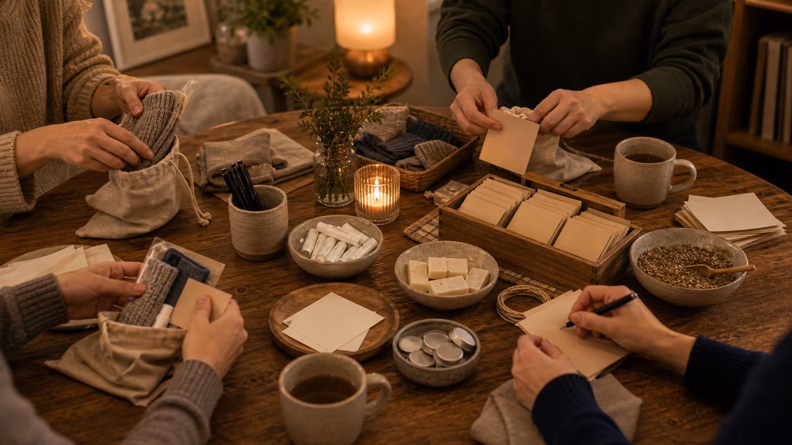 a table with care-kit supplies, seed packets, blank note cards, tea cups, and people assembling small useful bundles