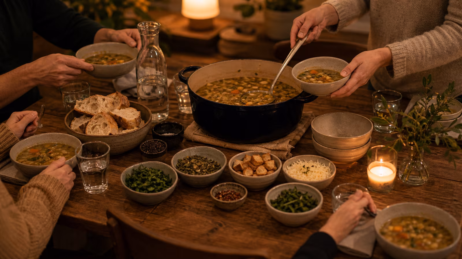 a cozy soup night table with a large pot, bowls, bread, topping dishes, water carafe, and people serving themselves