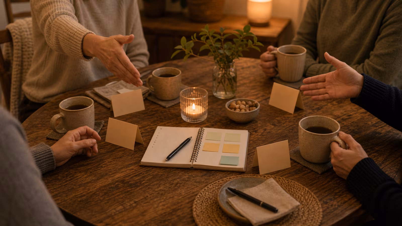 a recurring table with simple place cards, a shared memory notebook, mugs, and returning guests greeting each other warmly