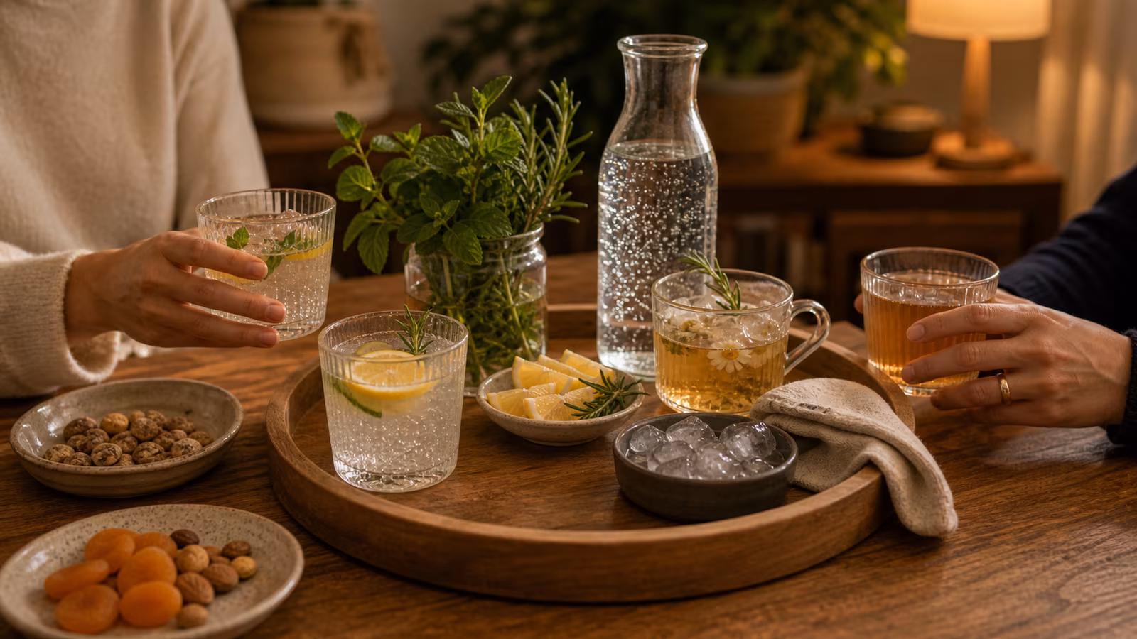 a refined nonalcoholic drink tray with sparkling water, citrus, herbs, tea, ice, simple glasses, and small snacks