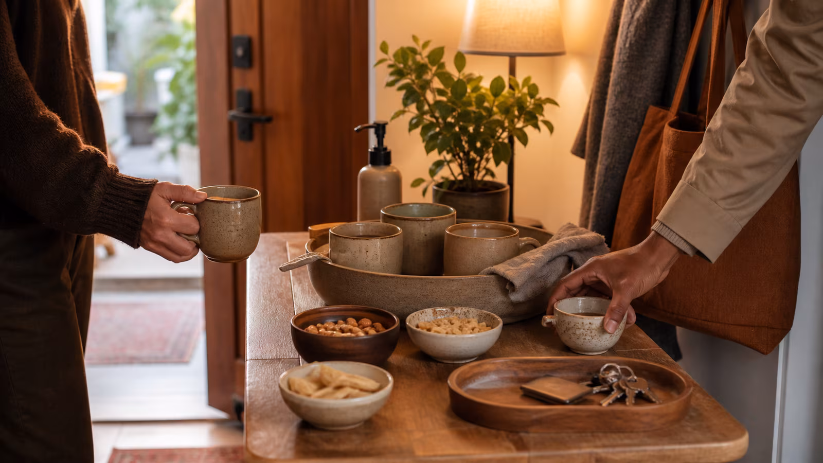 a doorway table with mugs, small snack bowls, a coat hook, a gentle arrival tray, and guests' hands setting down items