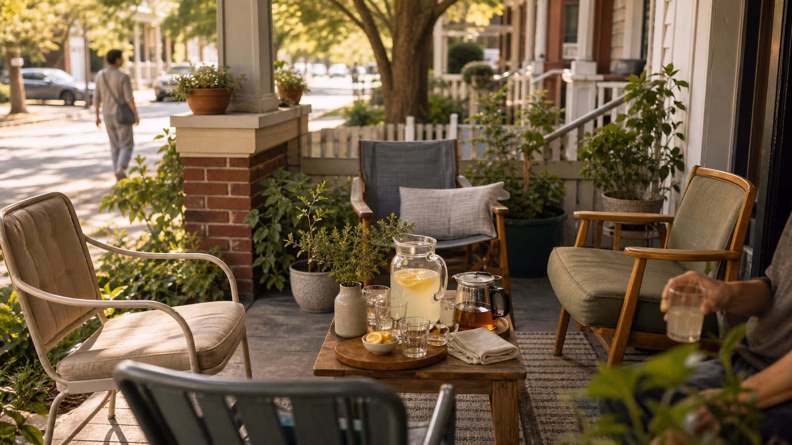 a porch with four chairs, a small table of lemonade and tea, neighborhood plants, soft shade, and open space for passing neighbors
