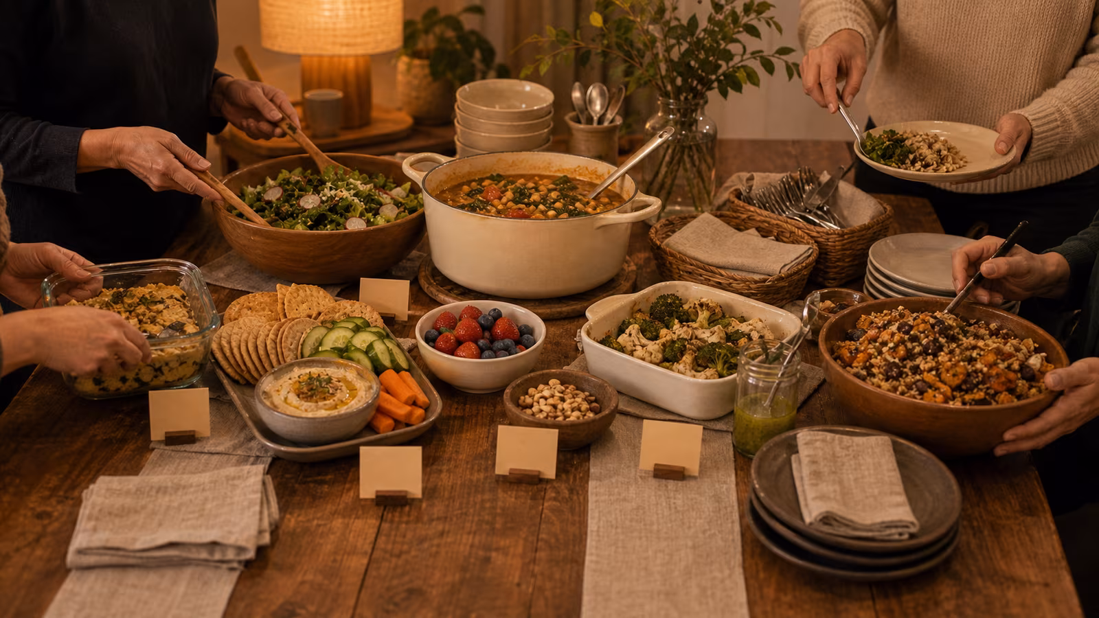 a potluck table with distinct zones, serving utensils, simple dishes, reusable labels, and a host anchor dish in the center