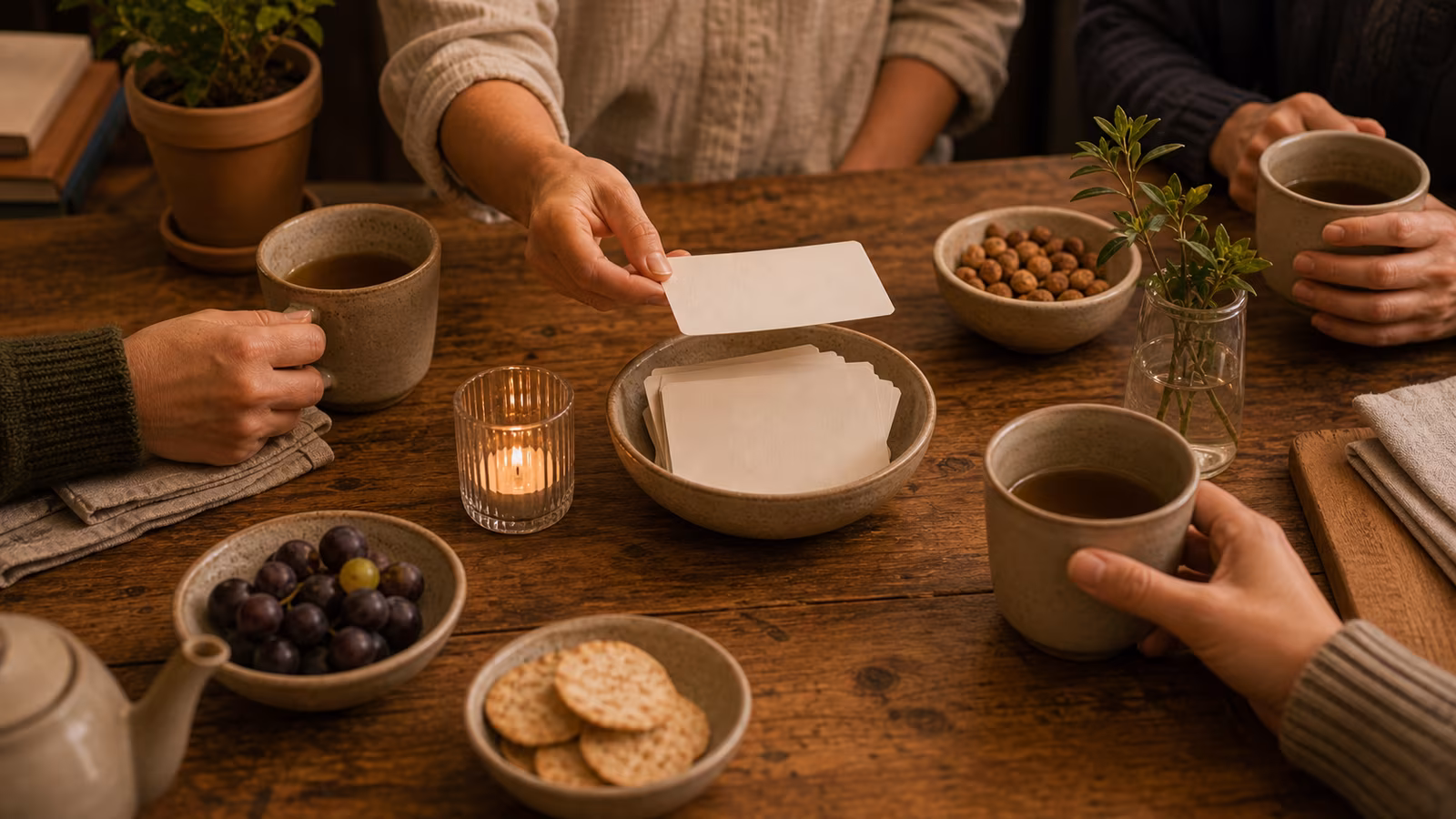 a small bowl of blank question cards, tea cups, simple snacks, and relaxed hands choosing one card at a time