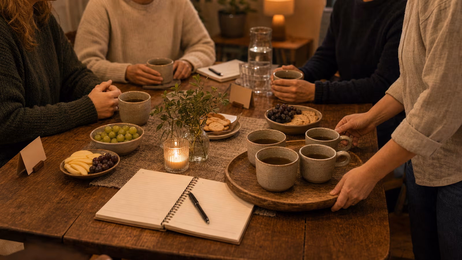 a quiet guest placing tea cups while others talk softly, with a shared notebook and warm table light