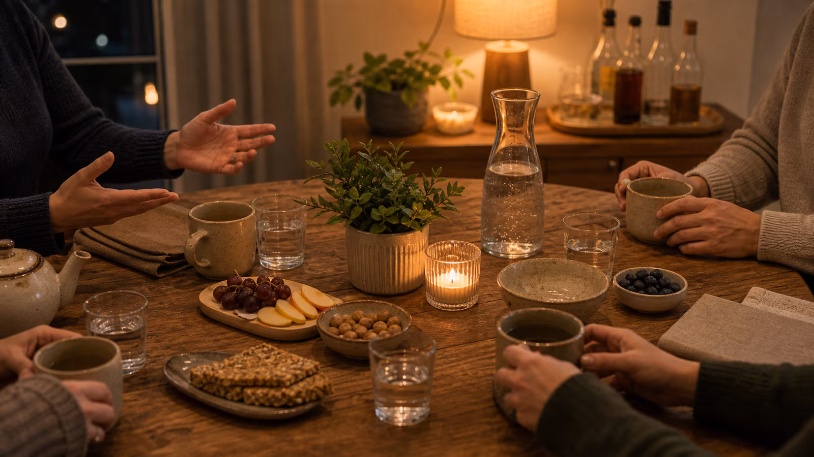 a privacy-conscious gathering table with tea, sparkling water, snacks, warm light, optional bottles away from center, and calm adult style