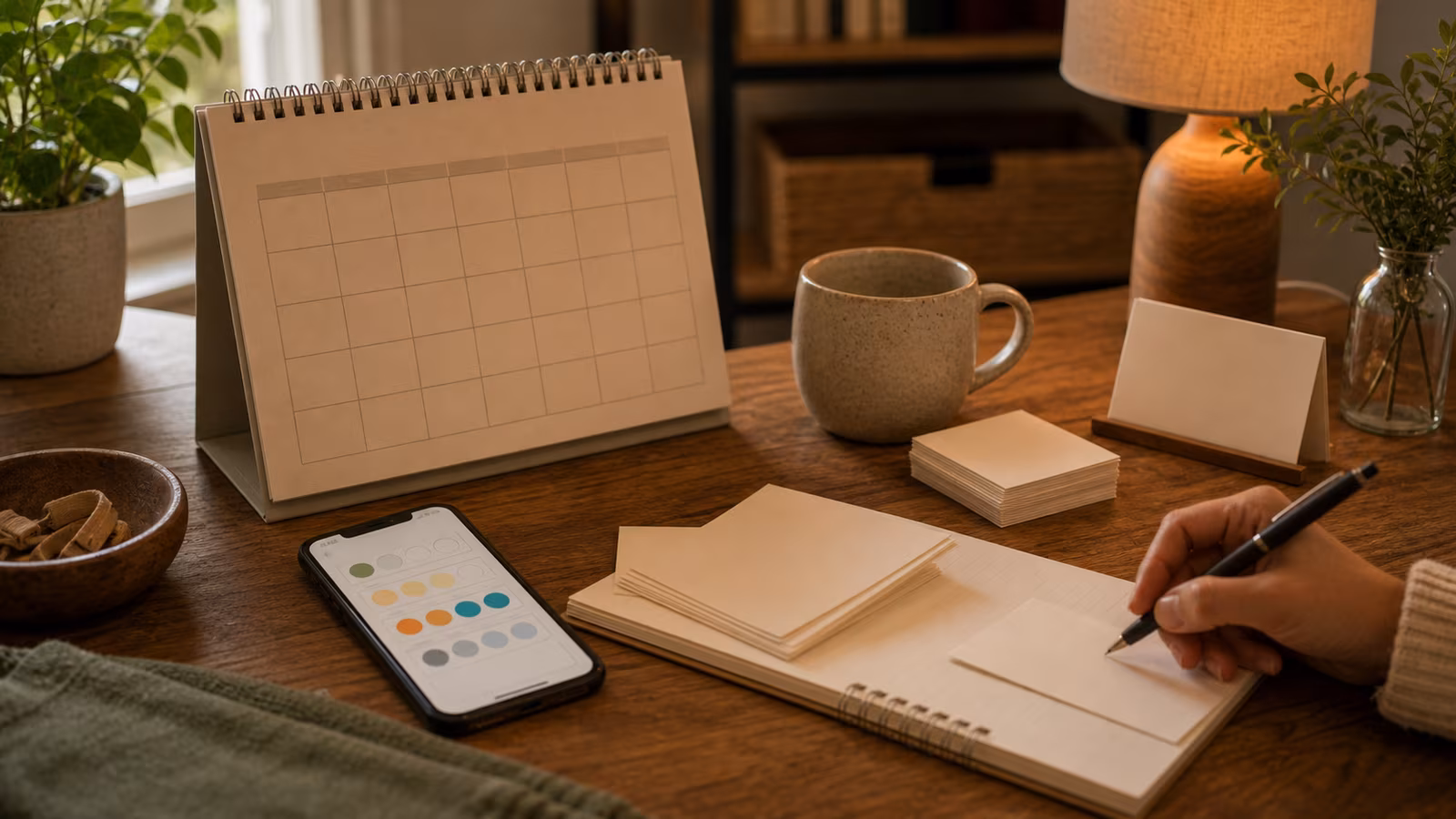 a host desk with a calendar, phone reminders, small invitation cards, mug, and neatly stacked next-date notes