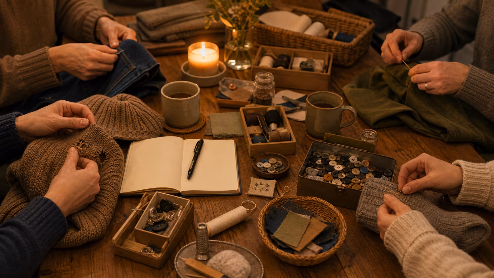 a communal repair table with mending supplies, buttons, cloth, notebooks, small boxes, tea mugs, and no power tools