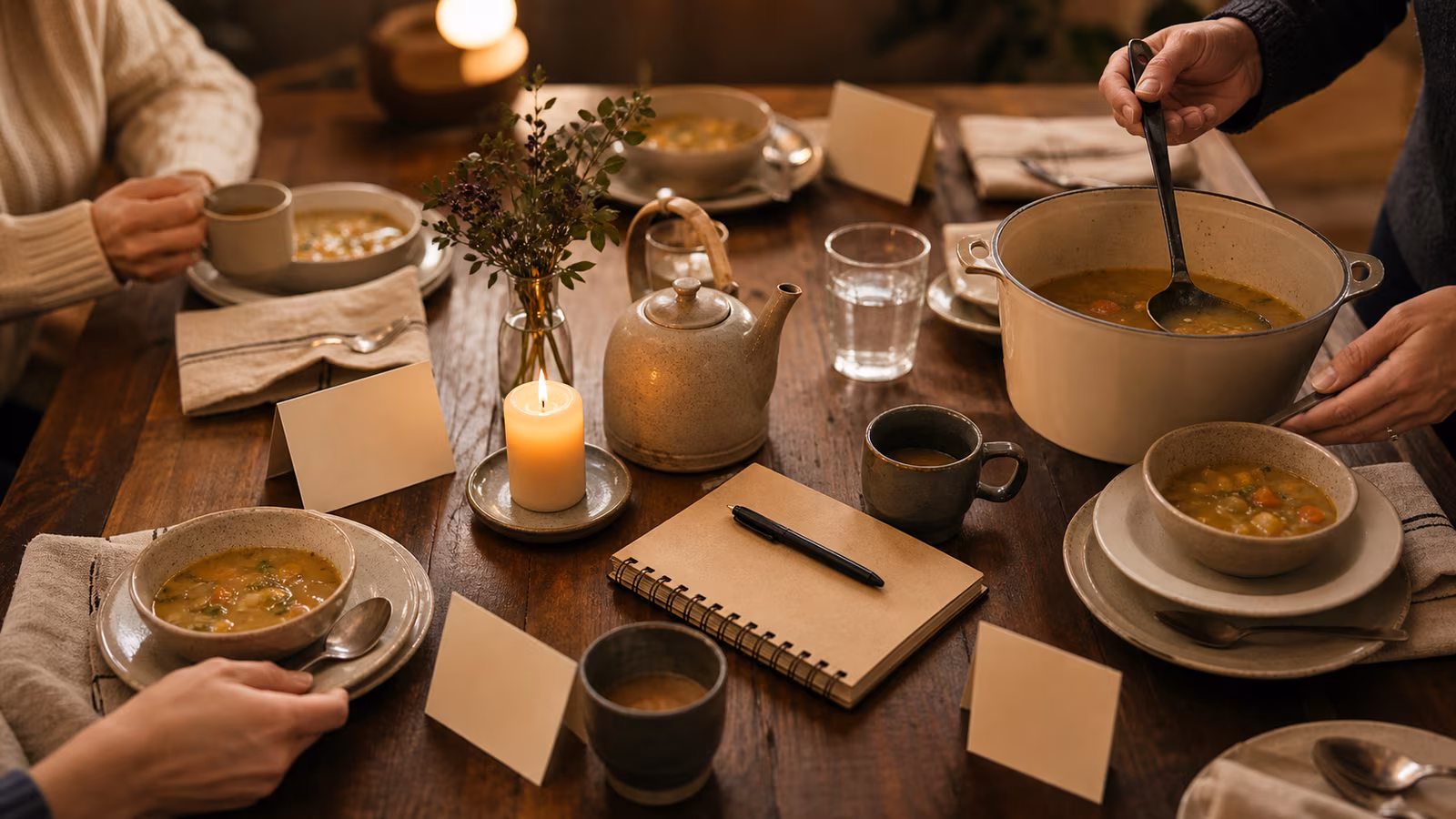 a simple table with recurring objects: a shared notebook, candle, soup ladle, tea pot, and four reusable cards