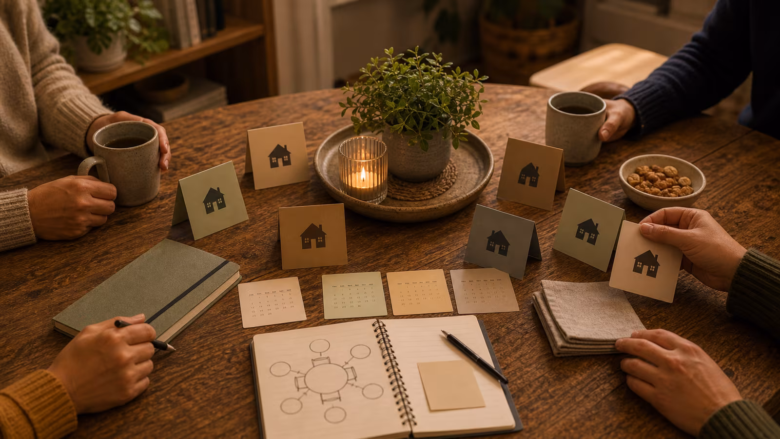 a rotating host map with small homes as abstract icons, shared notebook, calendar cards, and a common table motif