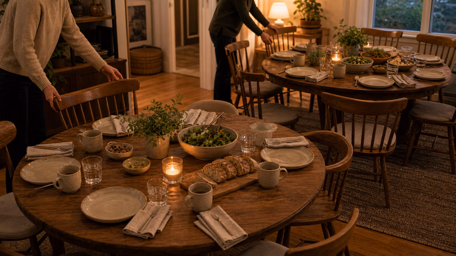 a small gathering expanding from four chairs to eight with two table zones, simple food, and a co-host arranging seats