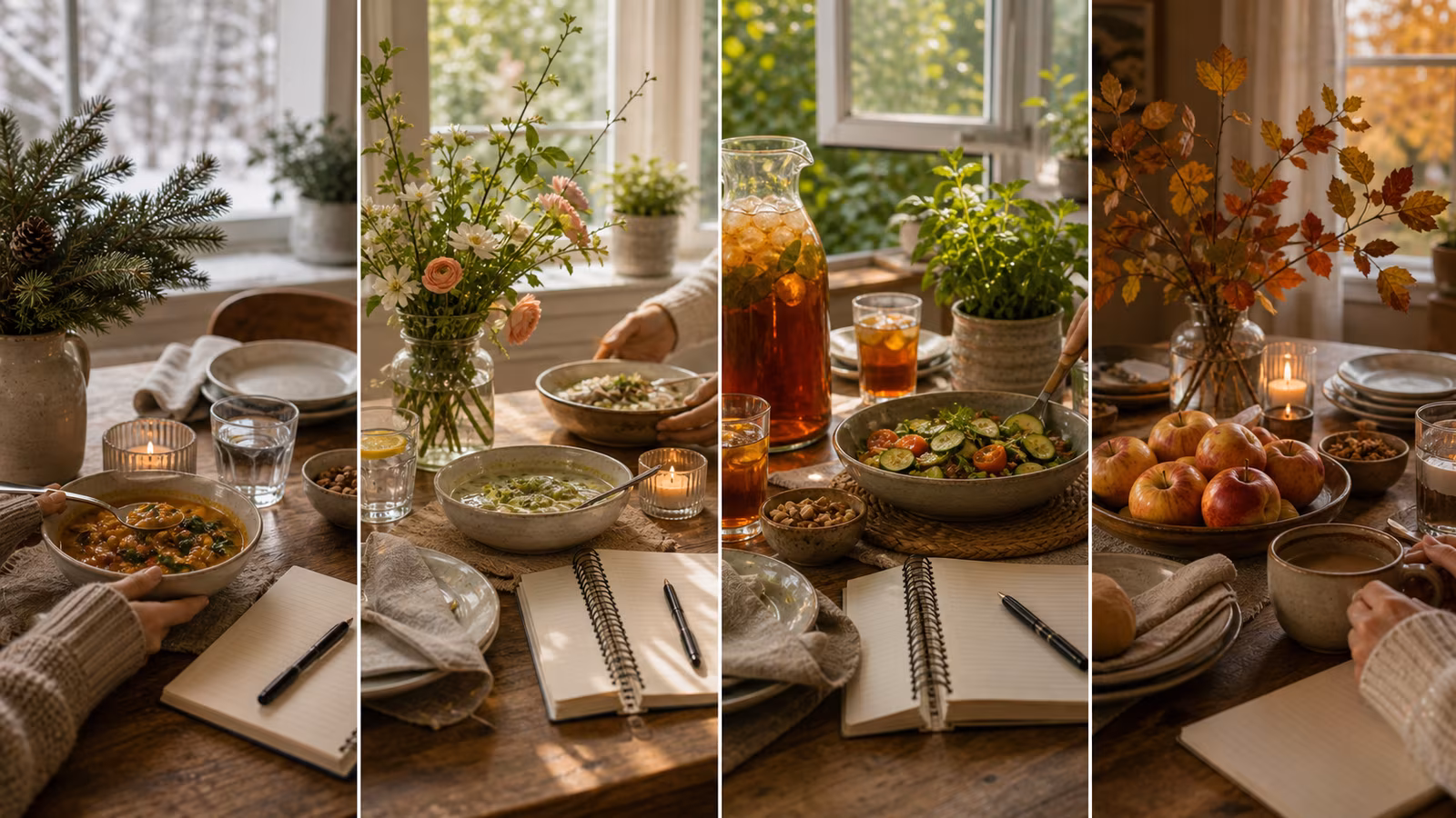 a four-season common table collage with soup, flowers, iced tea, apples, shared notebook, and consistent place settings