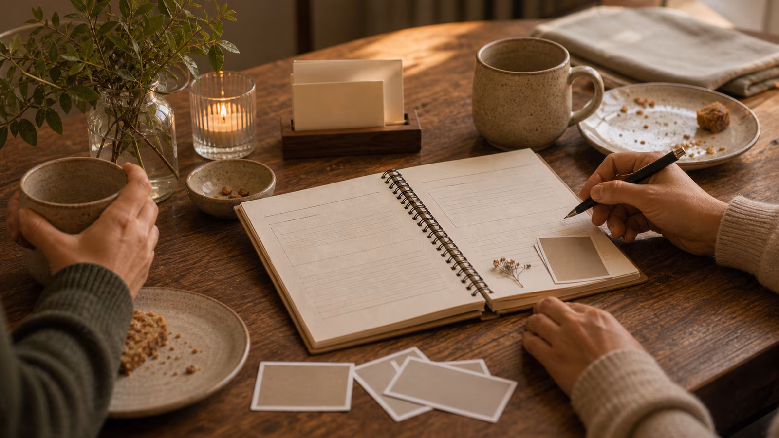 a shared table notebook open beside mugs and plates, with blank abstract lines, small photos face down, and soft light
