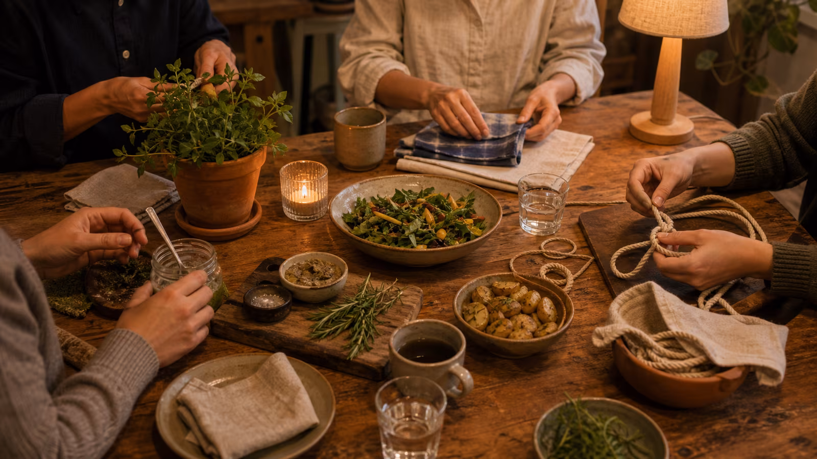a supper table with simple food, two small demo stations, folded cloth, knot cord, herb pot, and attentive hands