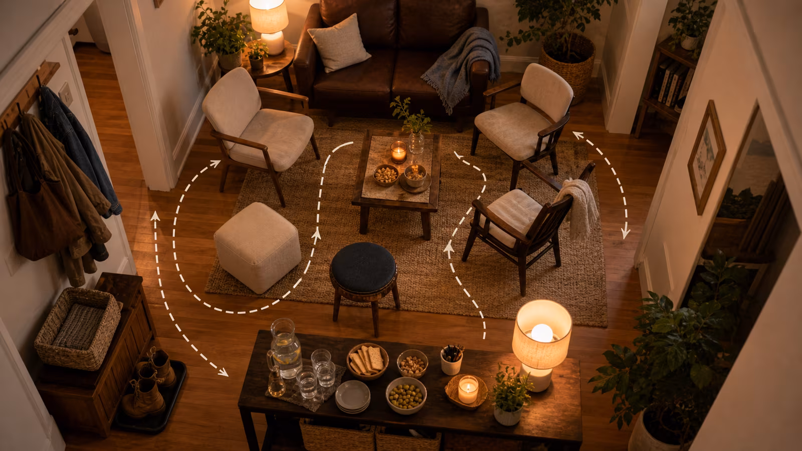 an overhead view of a small living room arranged for gathering with chairs, snack table, clear walkway, and cozy lighting