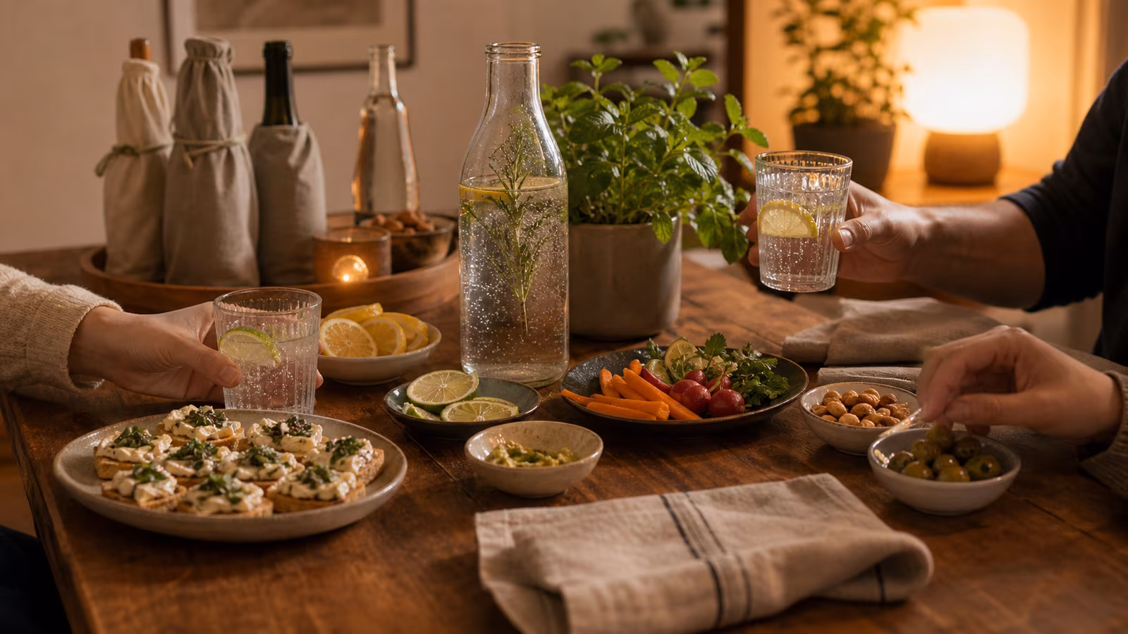an after-work snack table with sparkling water, citrus, small savory plates, optional covered bottles in the background, and no bar mood